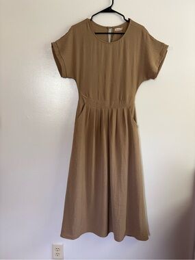 Inherit Cassia Dolman Sleeve Khaki Midi Pleated Waist Minimalist Dress Size S